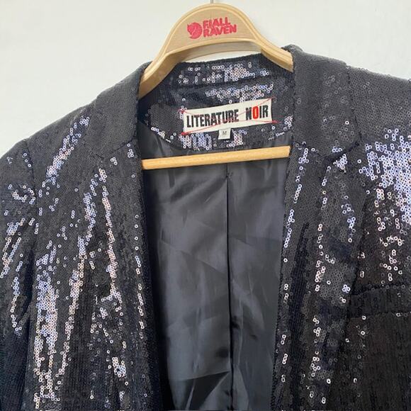 Literature Noir Black Sequin Blazer Formal Lined Pockets Open Front Women's M - Picture 3 of 13
